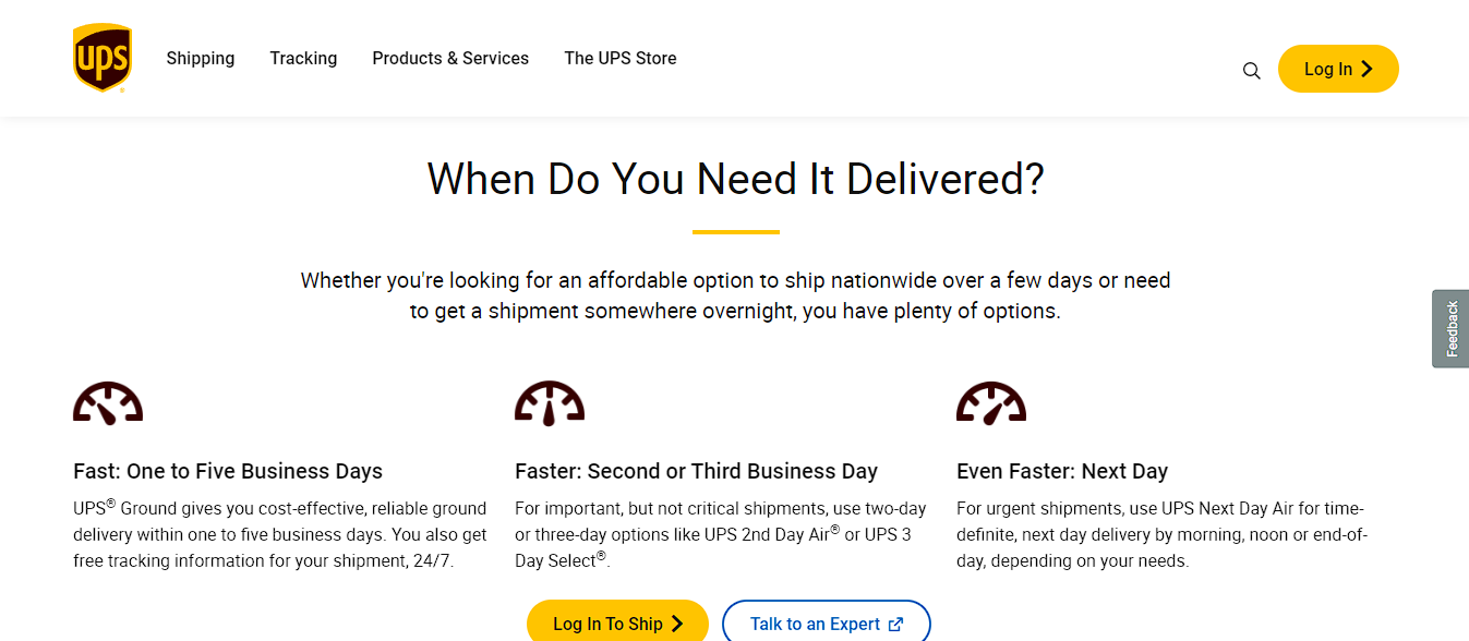 UPS ground & air services web page