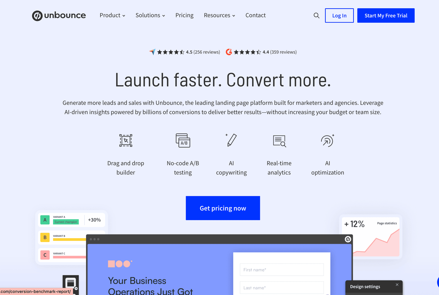 Unbounce website, a landing page builder with A-B testing