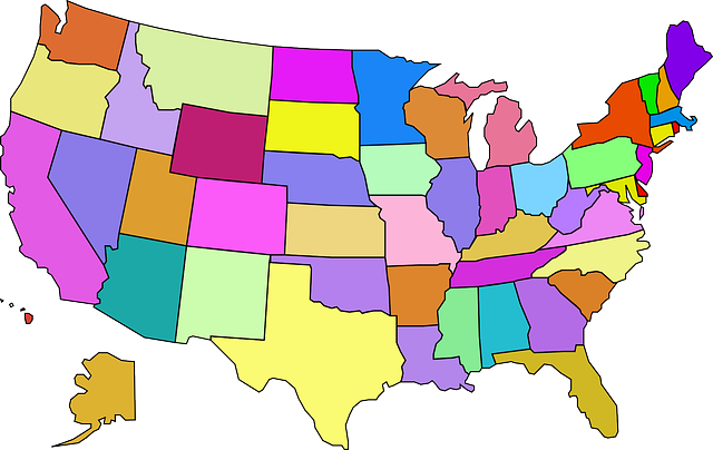 United States map with states marked by different colors