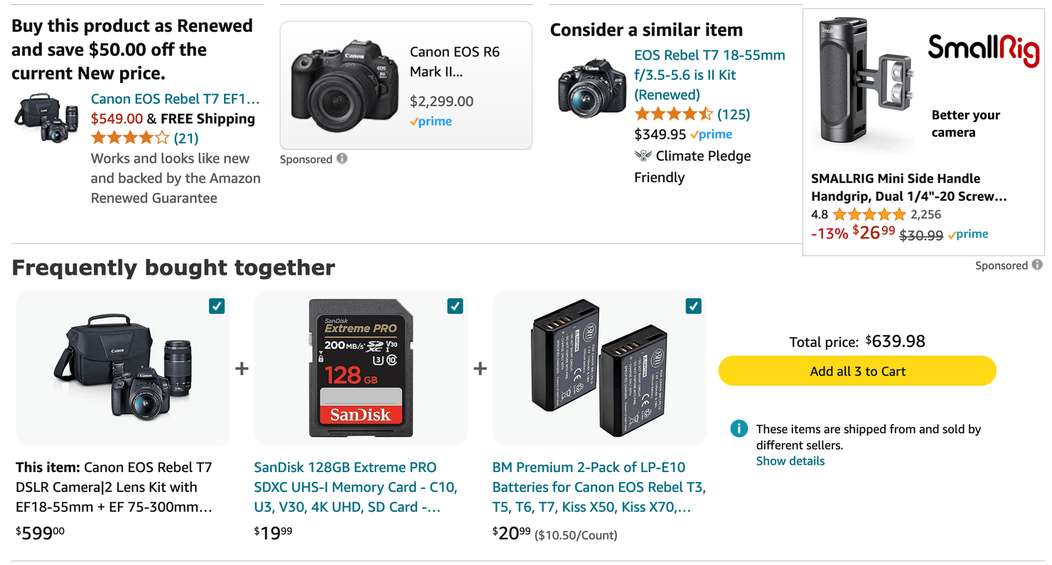 Upselling camera accessories to potential camera buyers on the Amazon website