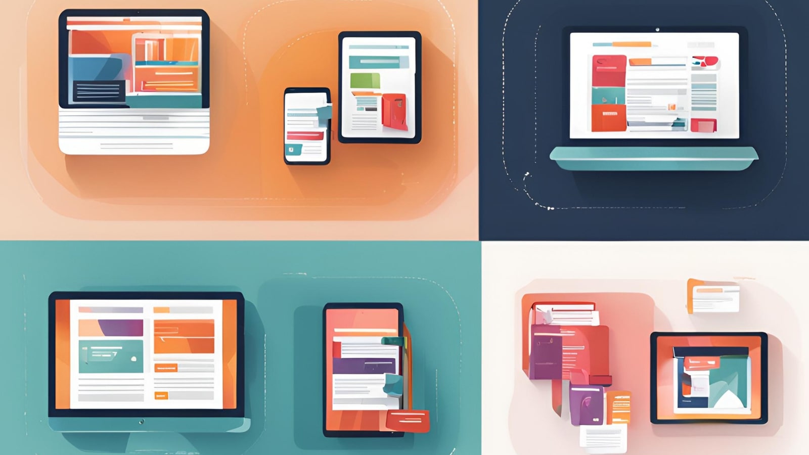 Various content forms such as blog posts, videos and infographics shown on gadgets.