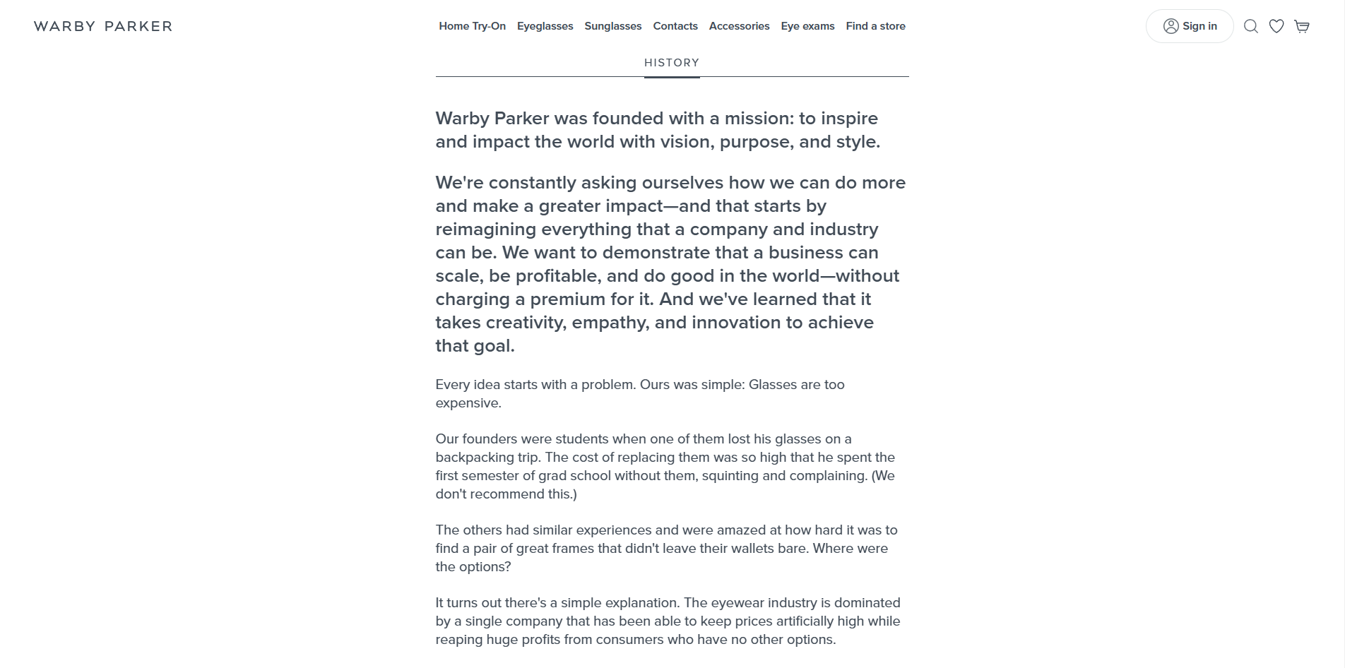 Warby Parker's About Us page.