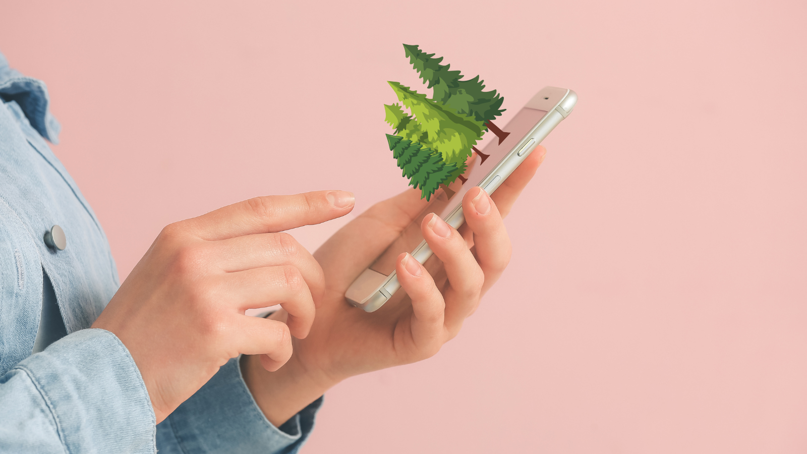 Woman using phone and forest trees conveying evergreen content.