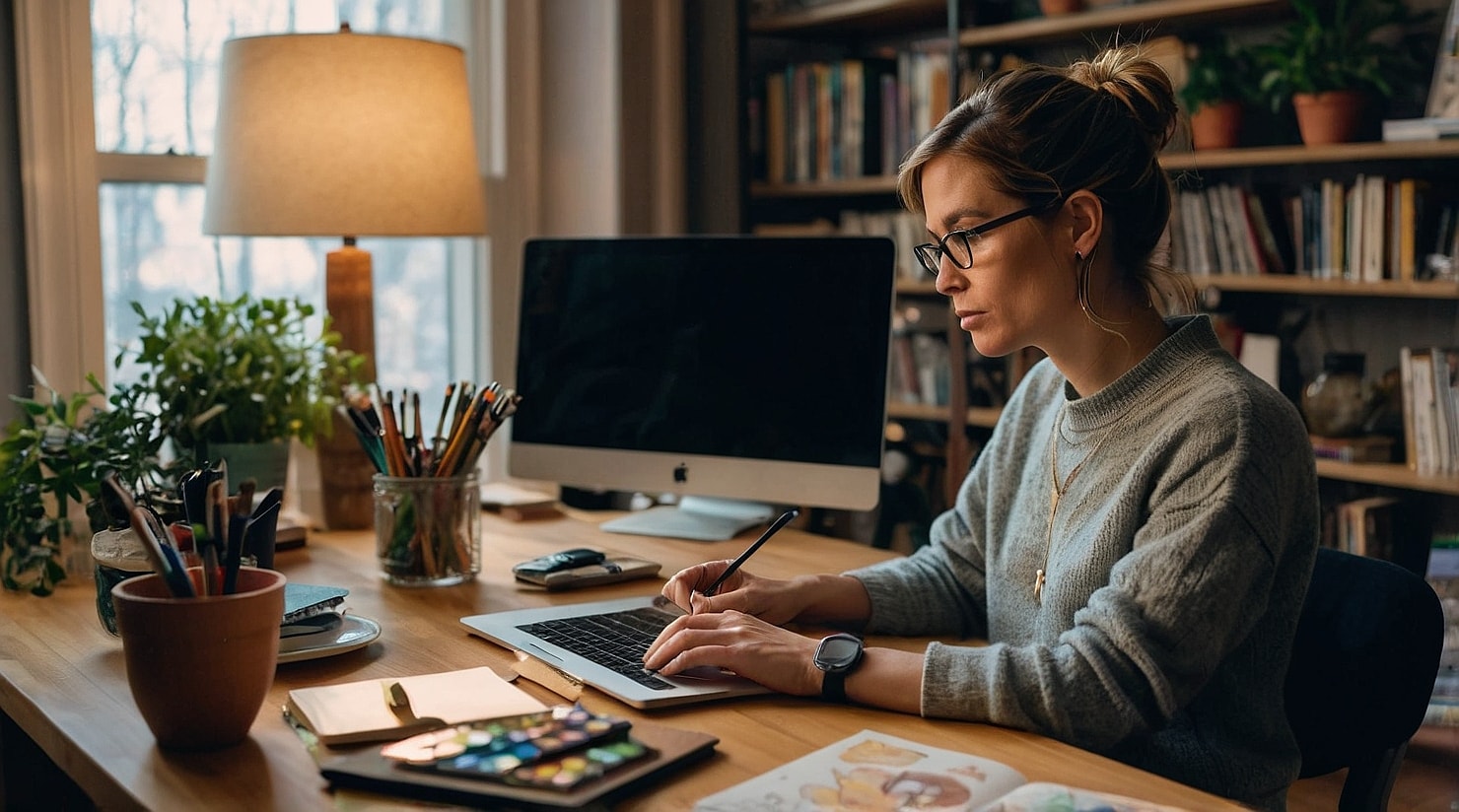 Woman working on a desk.