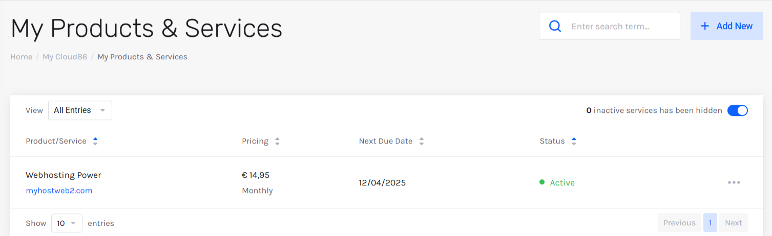 screenshot of Product and Services page