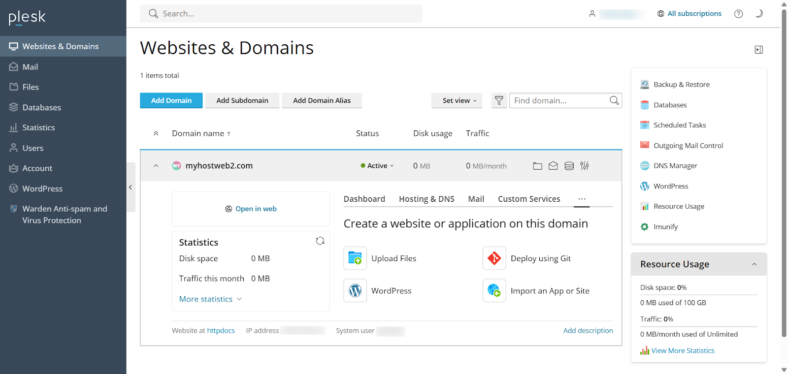 screenshot of Plesk's Websites & Domains tab