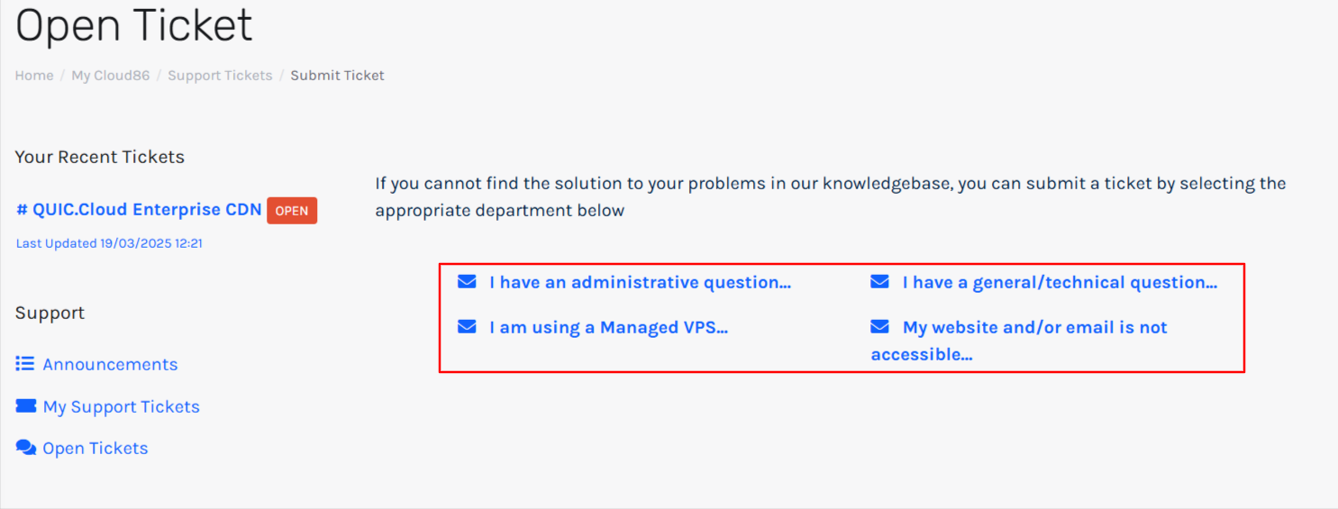 screenshot of Ticket support departments