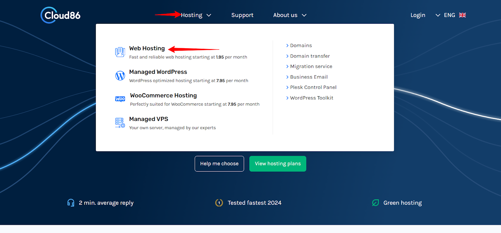 screenshot of Web Hosting button
