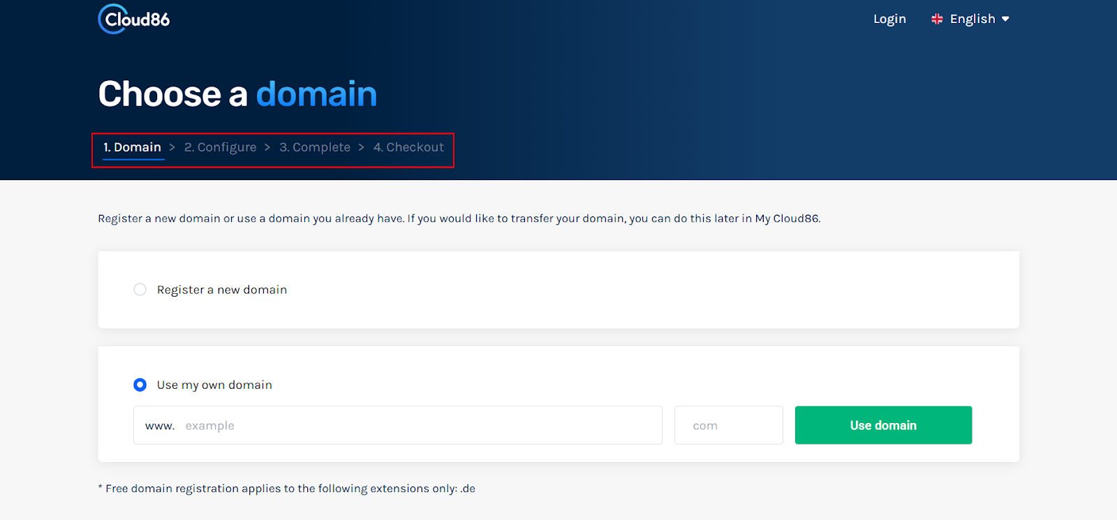 screenshot of structured process with a four-step progress indicator: Domain, Configure, Complete, and Checkout