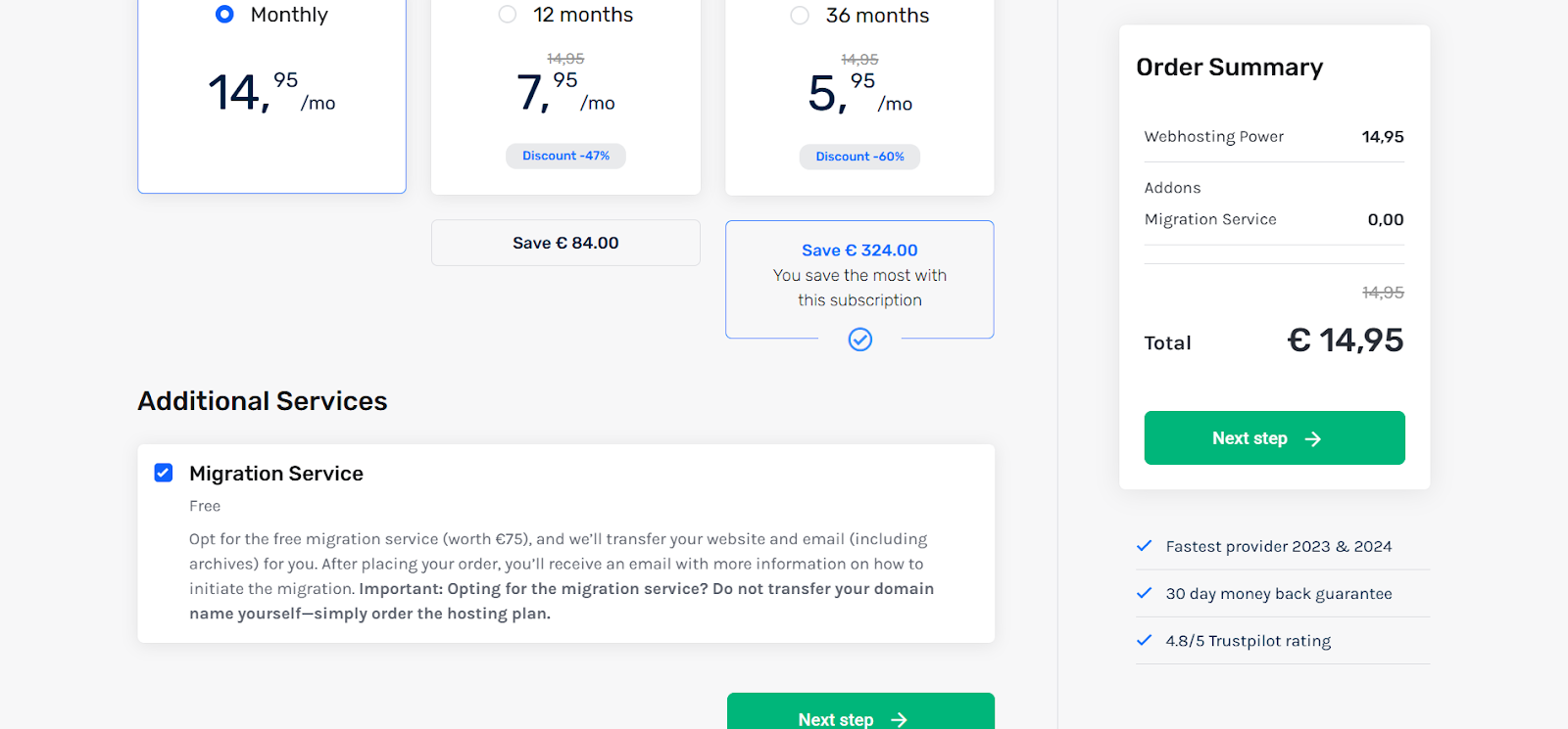screenshot of additional services