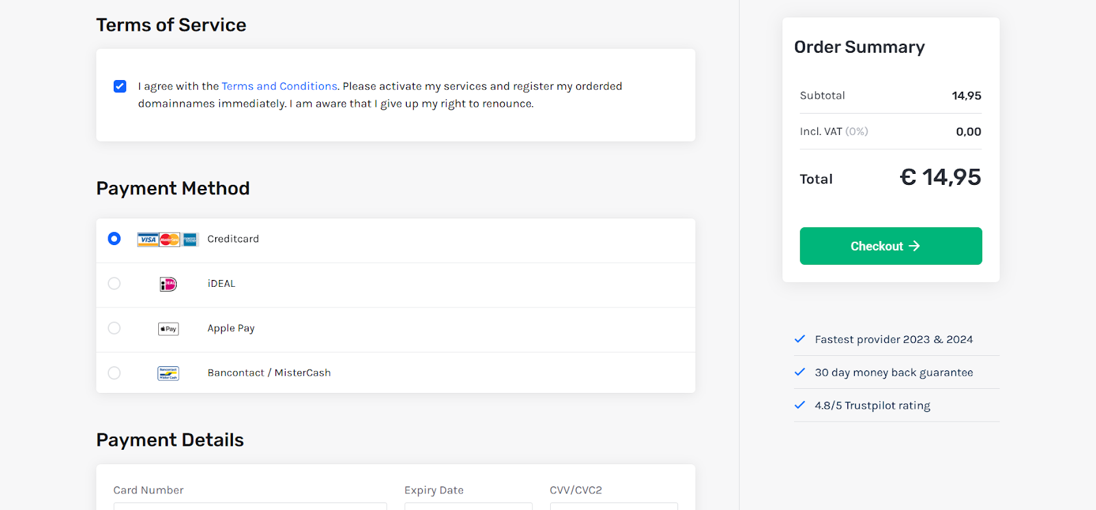 screenshot of Payment Methods