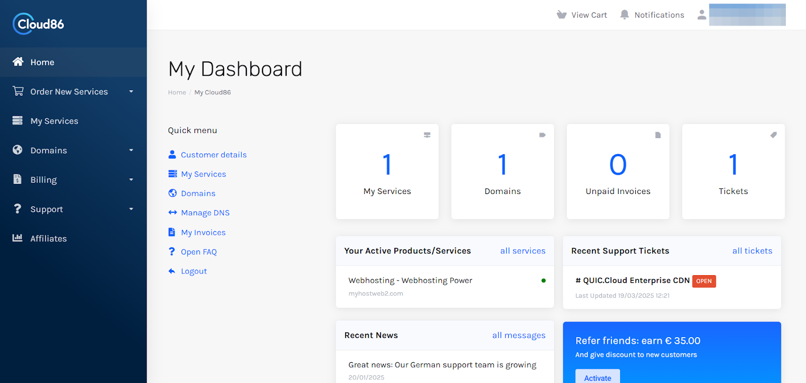 screenshot of My Dashboard page