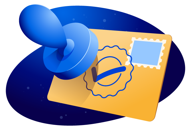 A blue stamp sealing a golden envelope, symbolizing automated order confirmation emails that build trust and create upsell opportunities for e-commerce businesses.