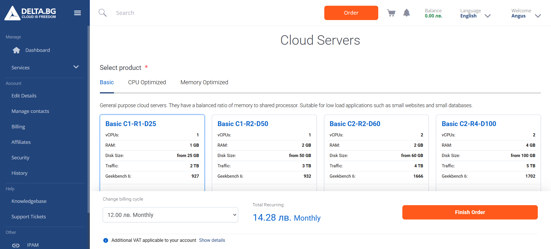 screenshot of the hosting plans