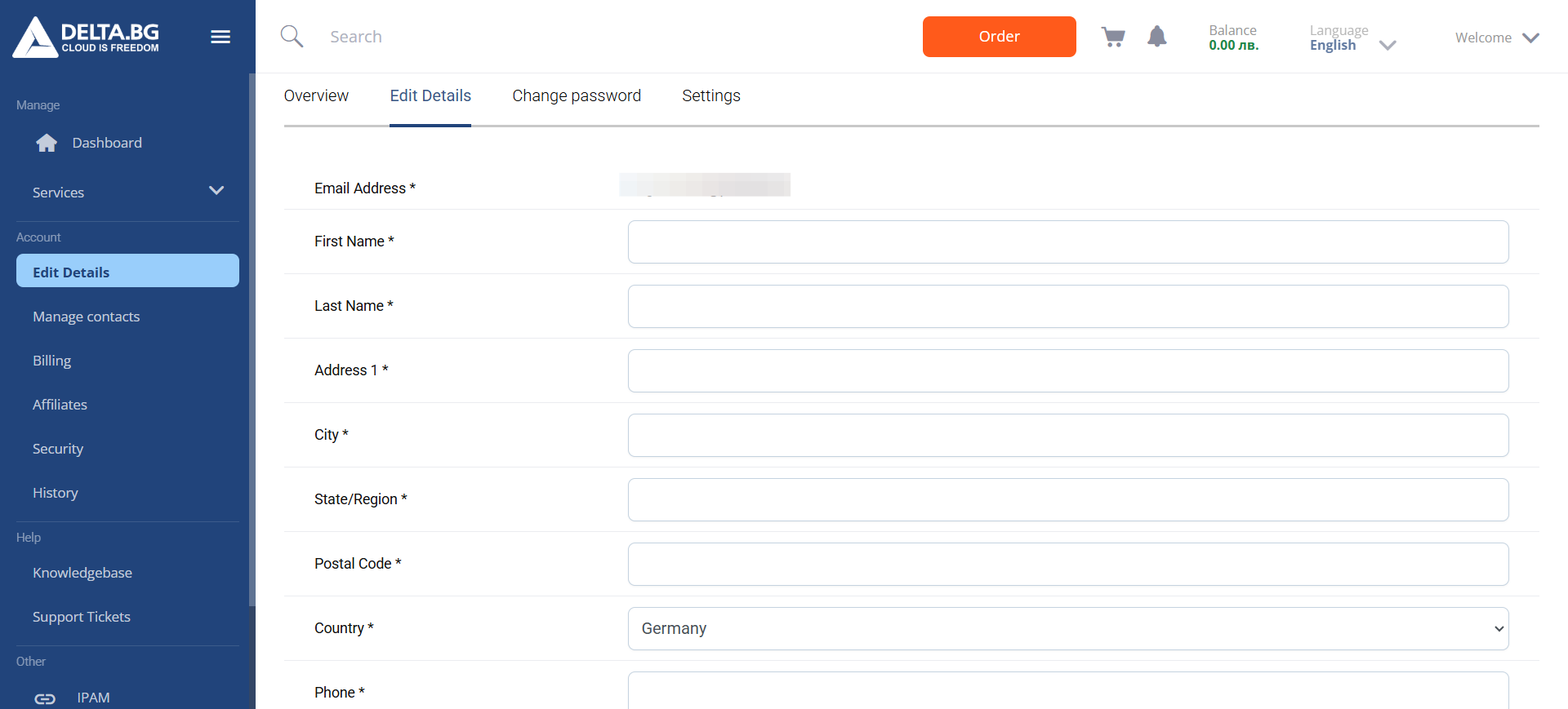 screenshot of the account details