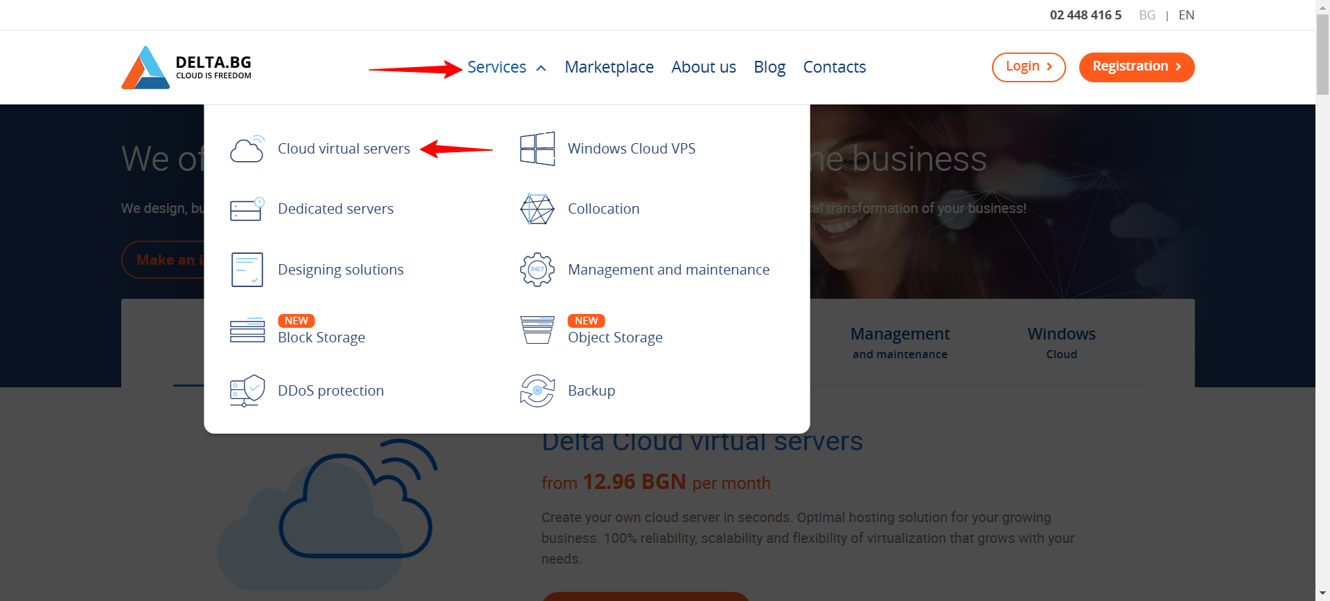 screenshot of the Cloud virtual servers button