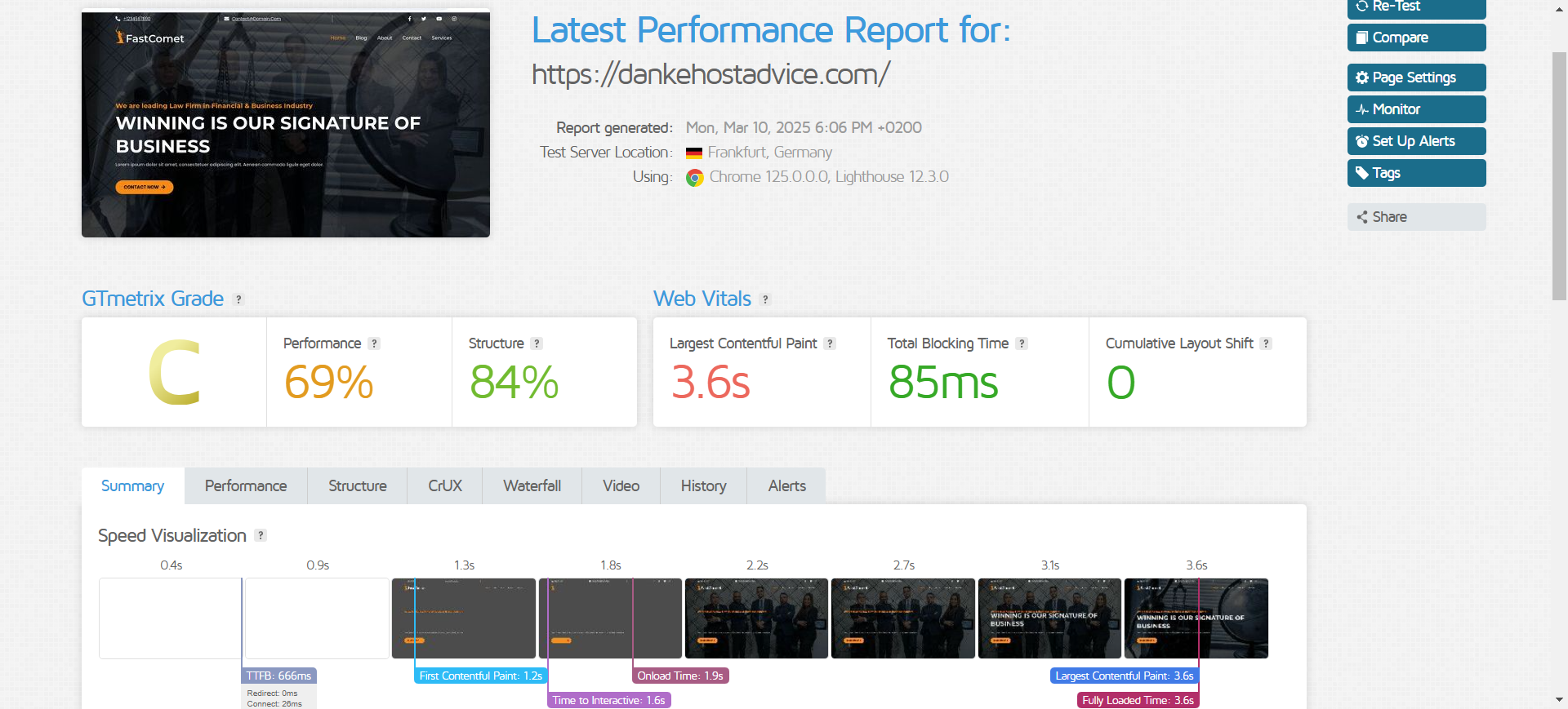 GTmetrix test results