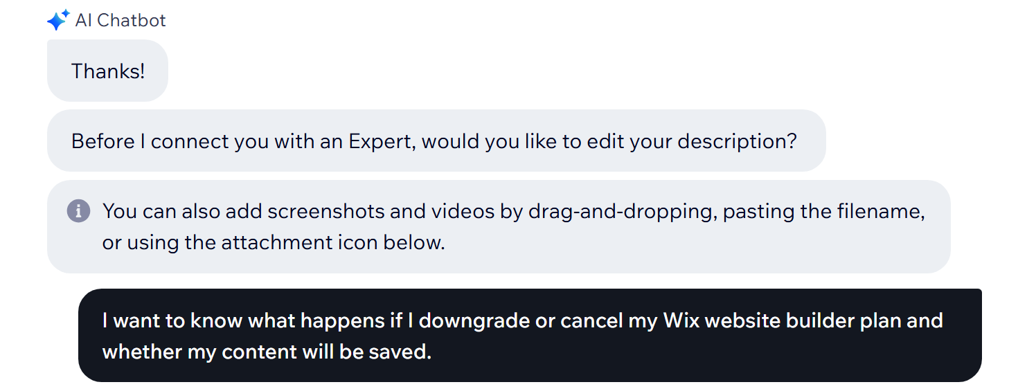 Livechat conversation with Wix support
