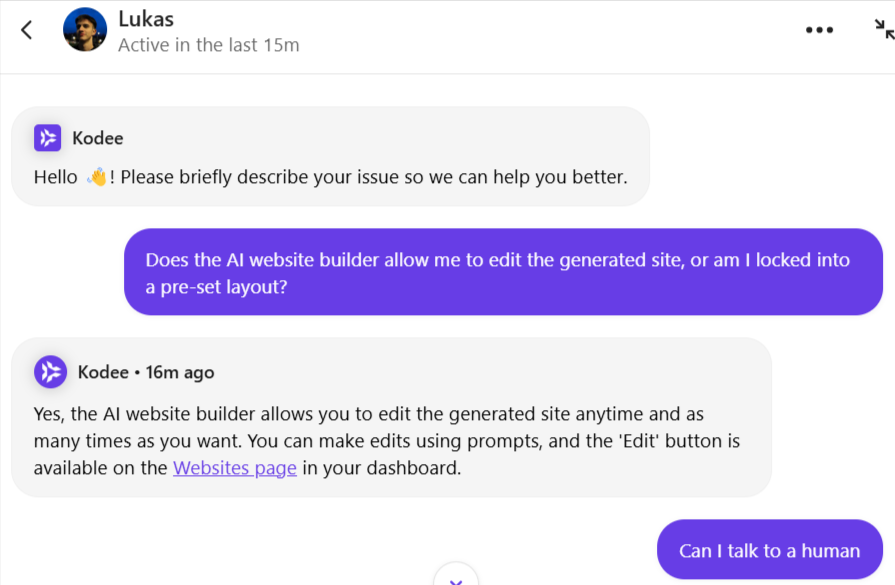 Livechat conversation with Hostinger support