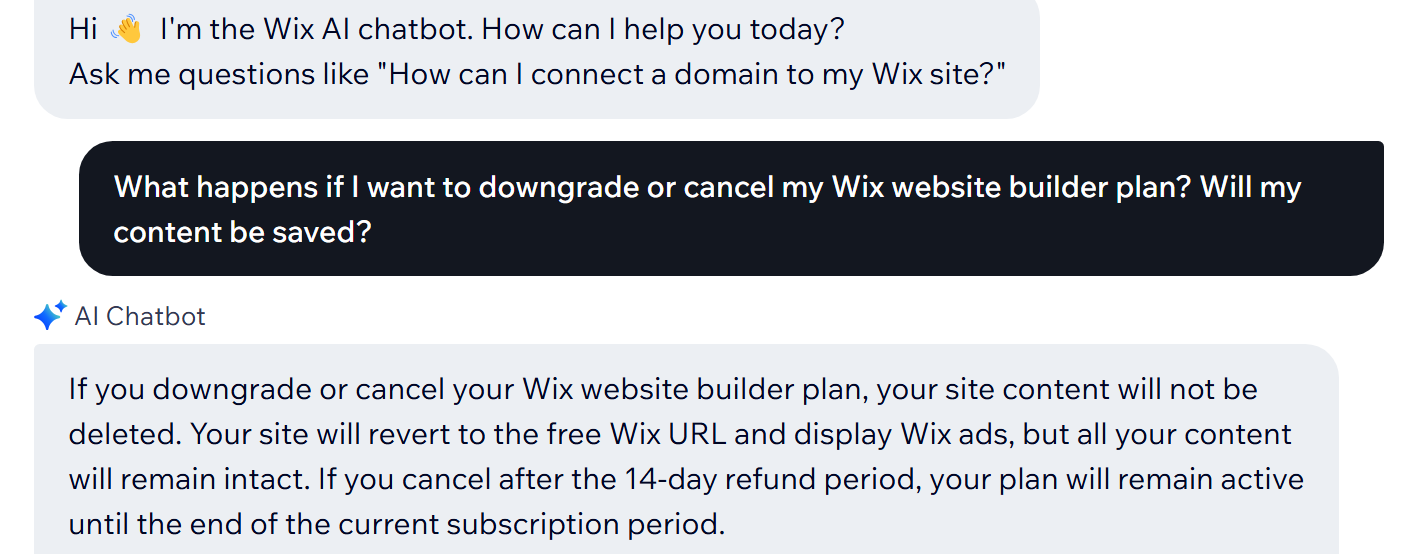 Livechat conversation with Wix support