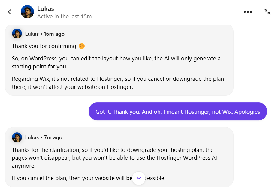 Livechat conversation with Hostinger support