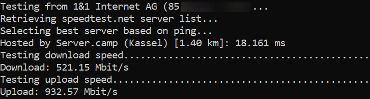 Speed test result