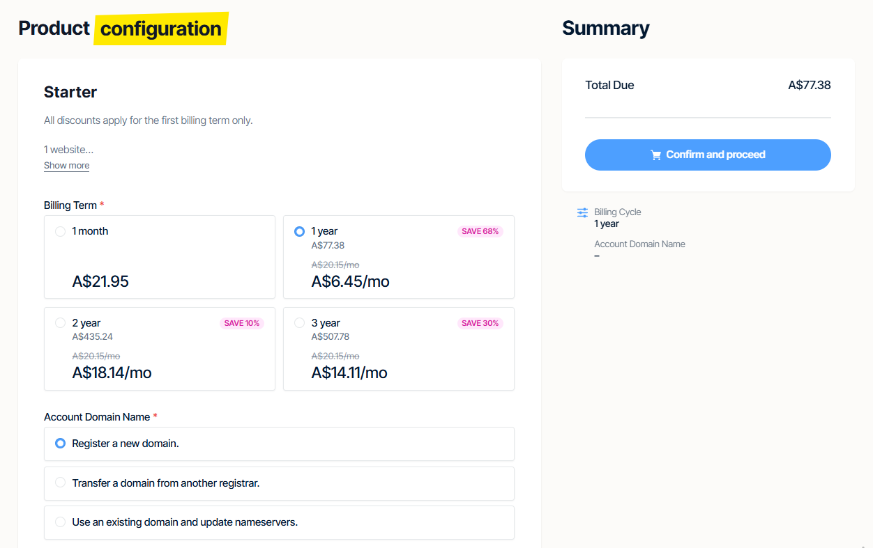 Product configuration page