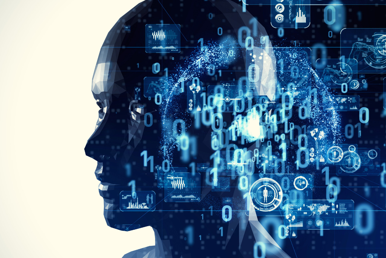 AI and Machine Learning concept illustrated by bot-person with digital icons.