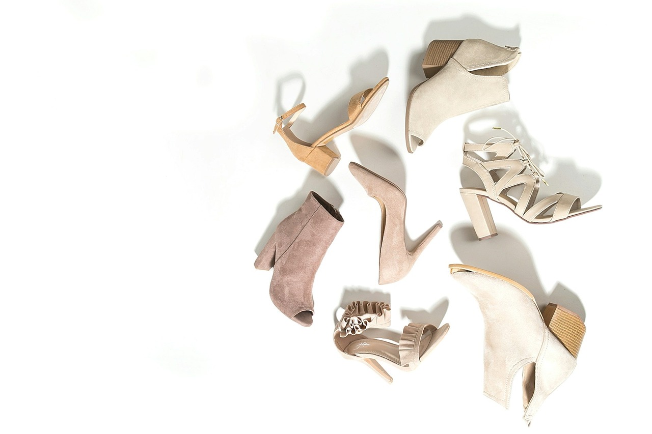 An overhead shot of different types of women's footwear
