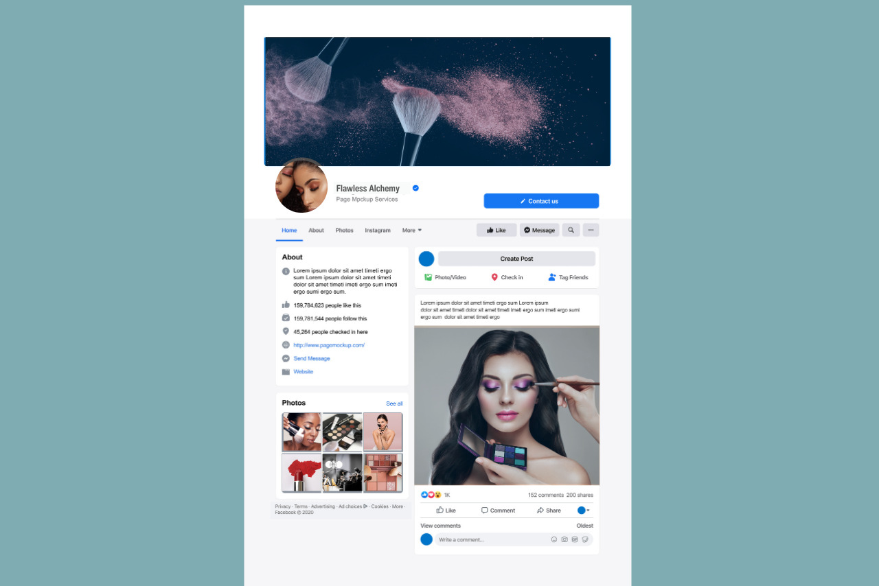 Facebook business page of a makeup brand called Flawless Alchemy.