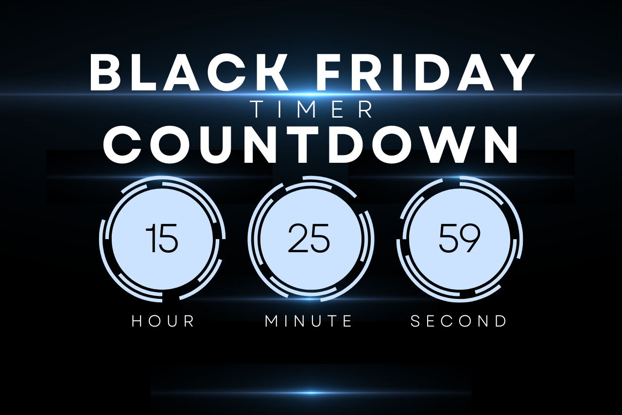 A Black Friday sale featuring a countdown timer showing hours, minutes, and seconds.
