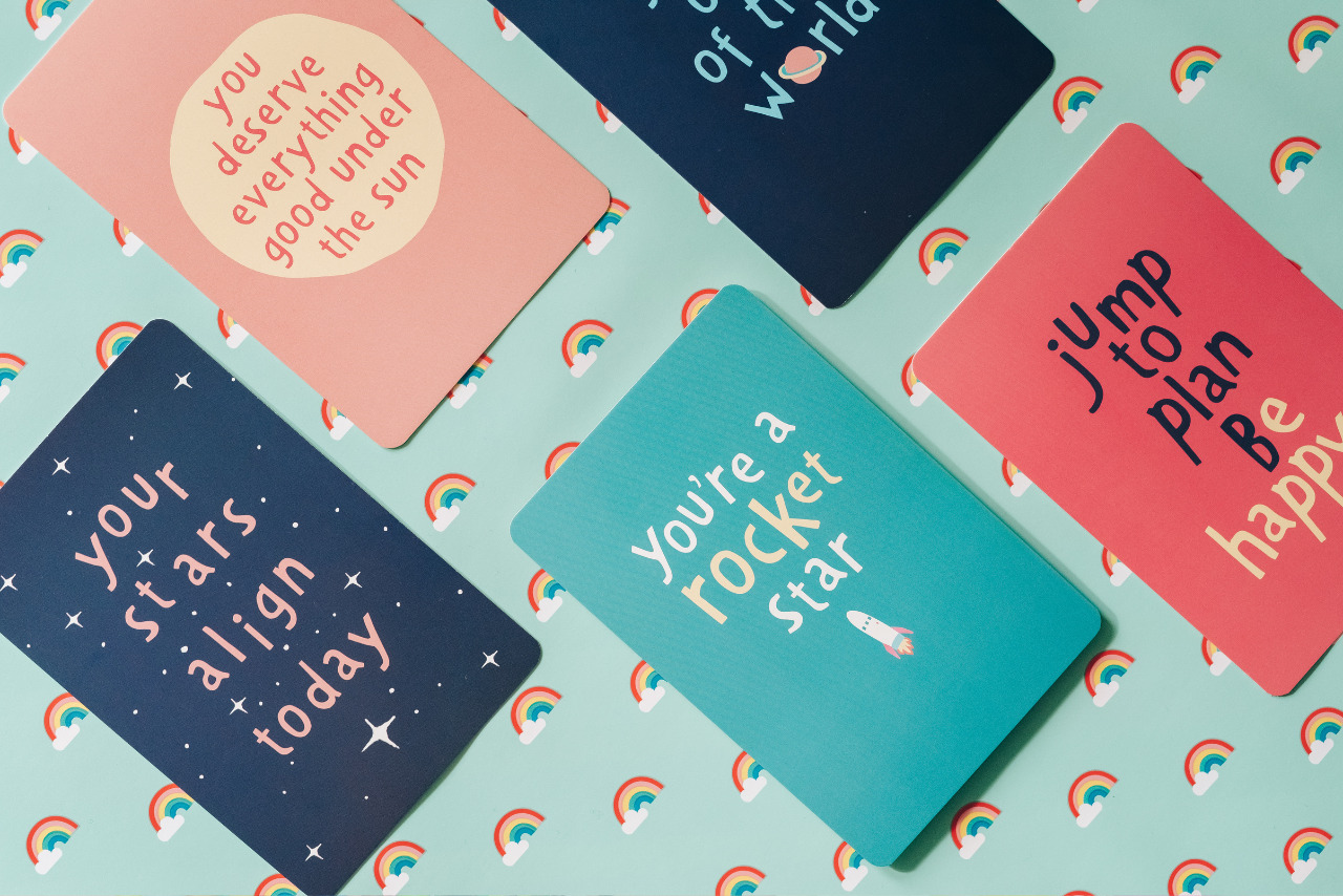 Set of greeting cards displayed.
