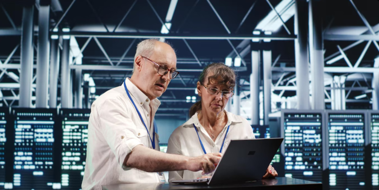 Engineers in a data centre.