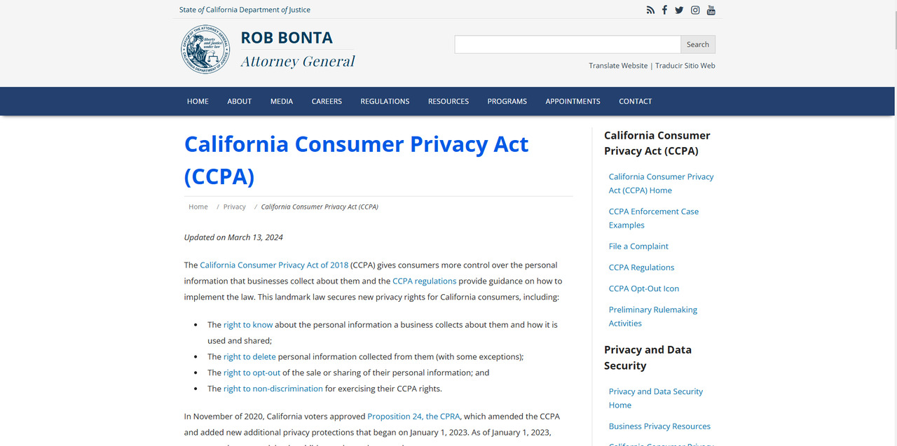 Webpage where CCPA regulations are found.