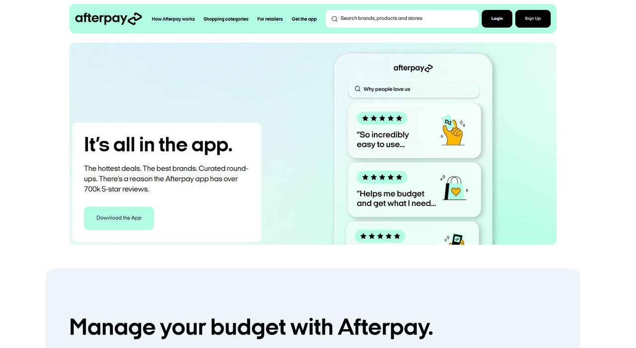 AfterPay homepage.