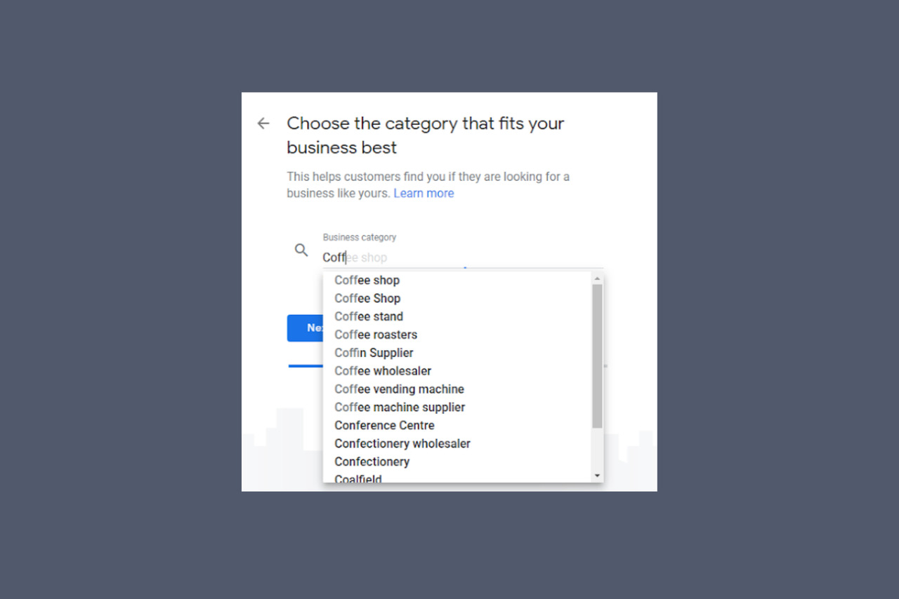 Screenshot of choosing primary category on Google Business Profile.