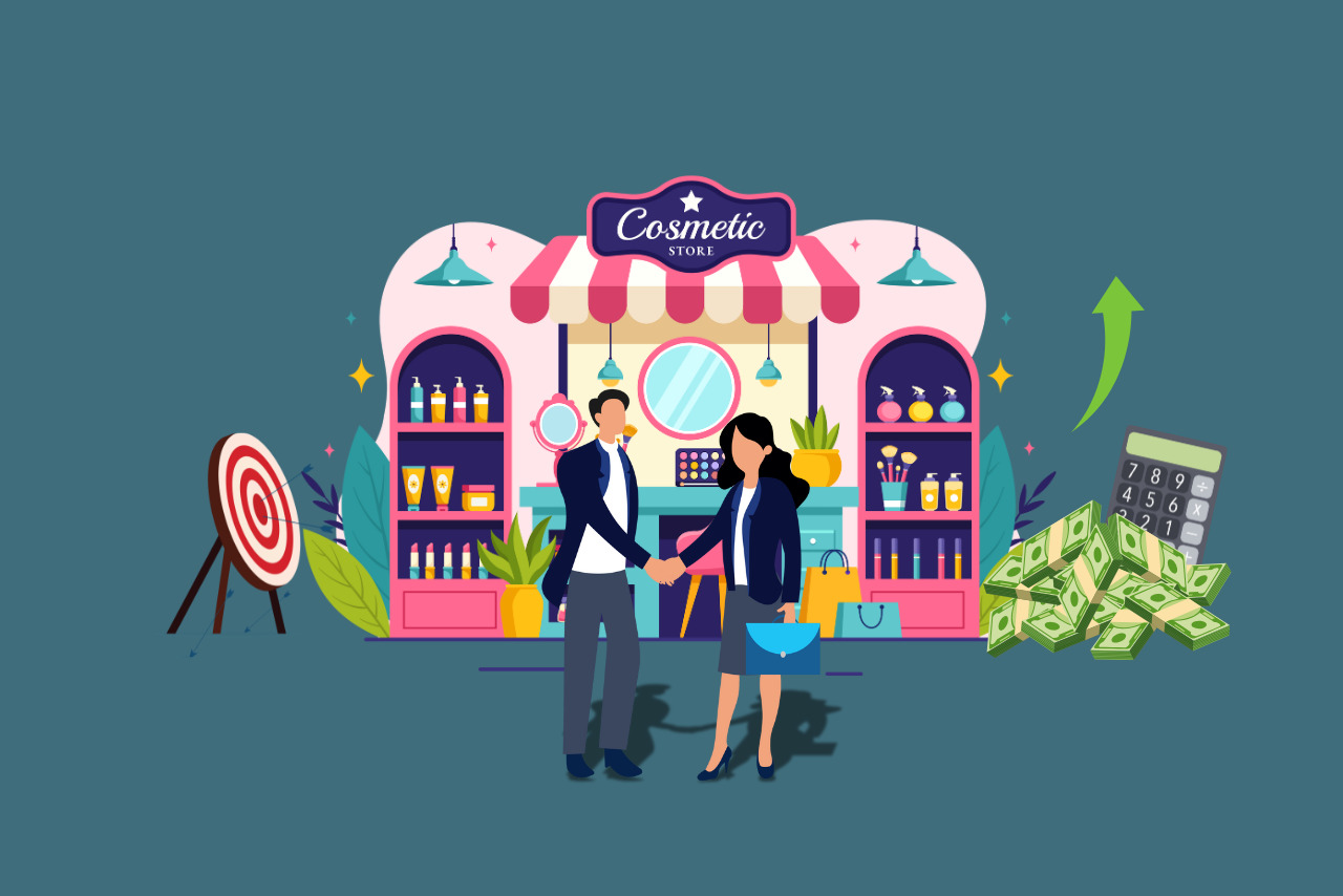A female entrepreneur collaborates with a supermarket owner to establish a cosmetic shop.