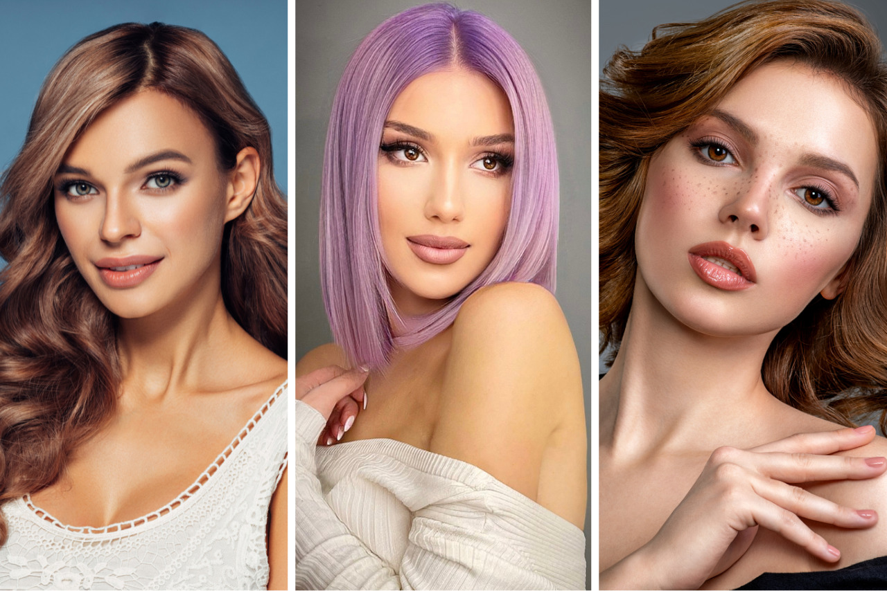Three women sporting stylish, modern hairstyles with vibrant, trendy hair colors.