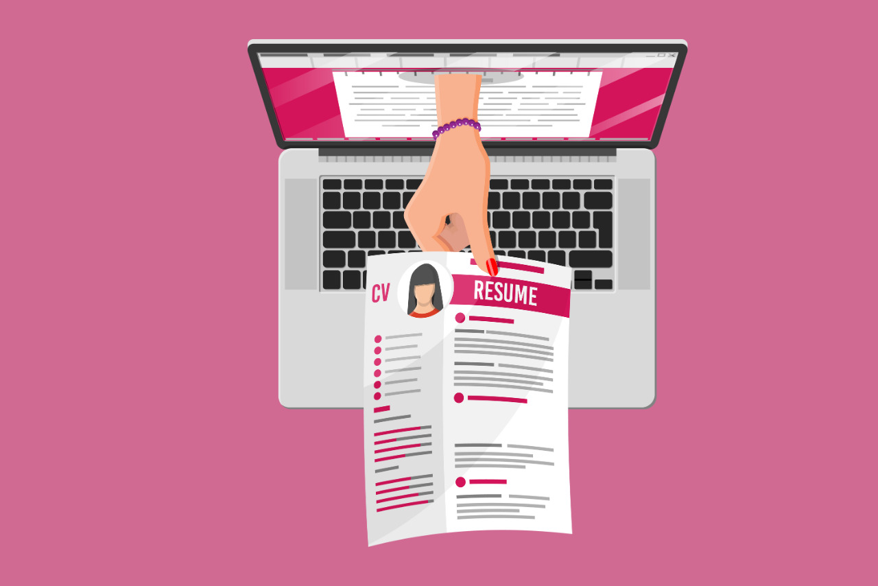 A cartoon illustration of a hand extending from a laptop screen to deliver a resume.
