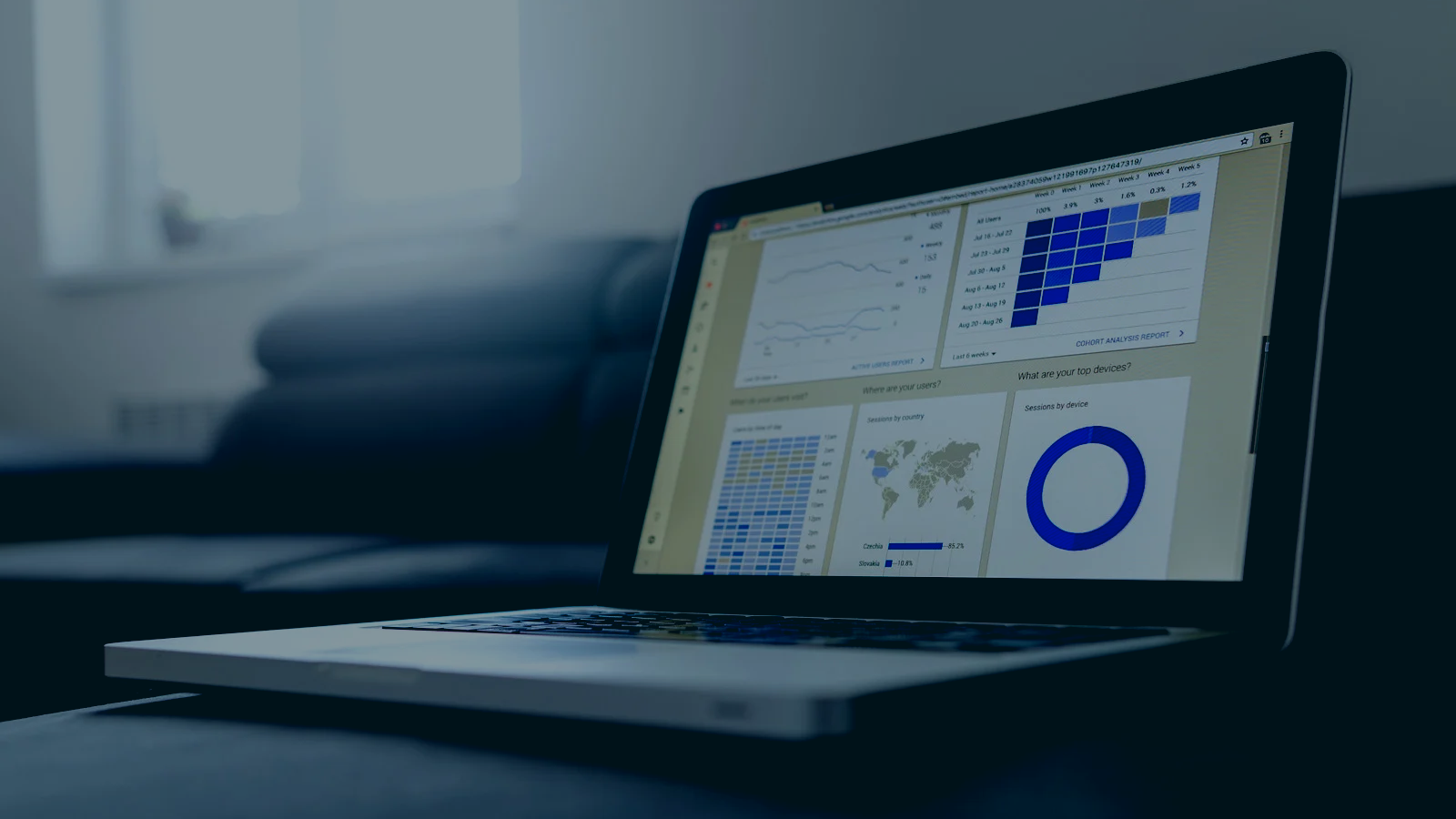 Laptop screen showing different graphs and analytical data.