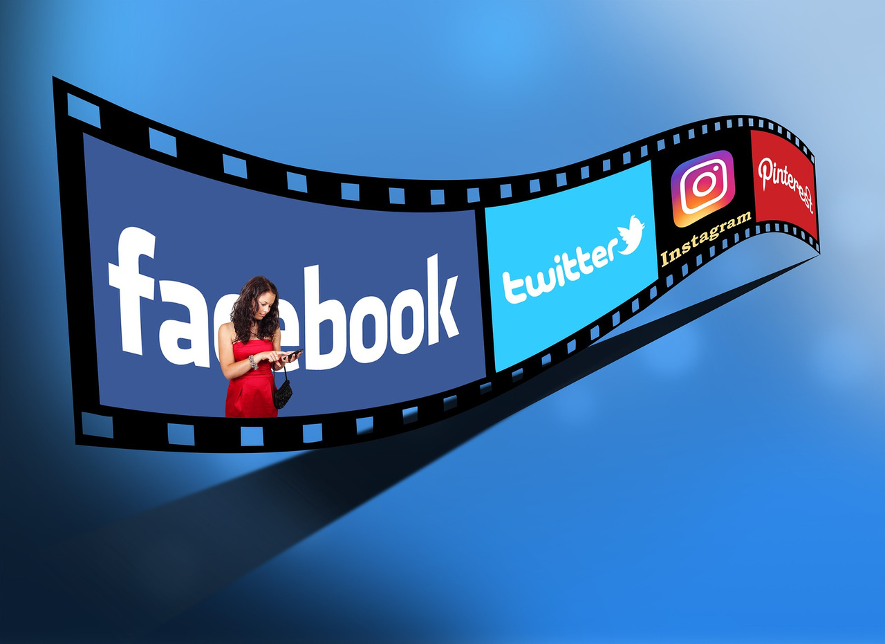 Facebook, Twitter, Instagram, and Pinterest icons displayed on a film strip.