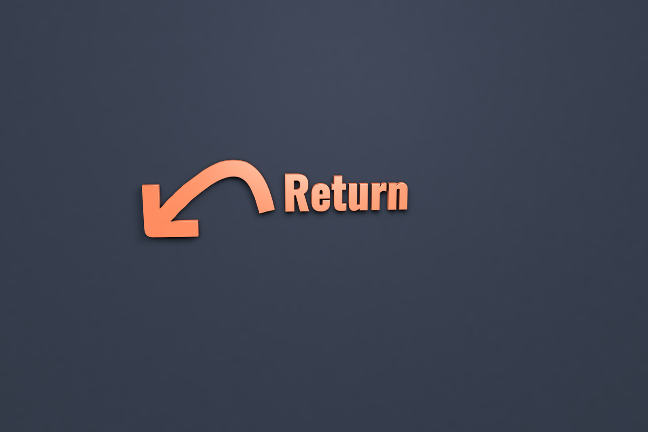3D render of return, light red color and light red text with dark blue background.