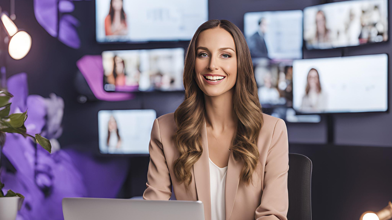 Female event planner hosting a virtual with audiences' screen monitors at the back.