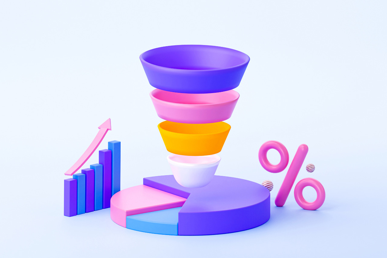 3d of sales funnels, percentage icon and graph.