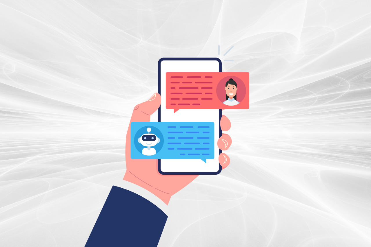 Hand holding smartphone showing chat convo between person and AI support.