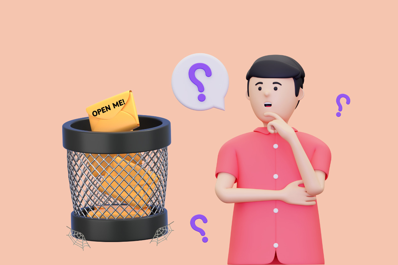 3D rendering of trashed emails with thinking person.