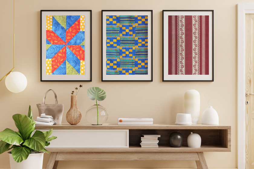 Three framed fabrics as wall art.