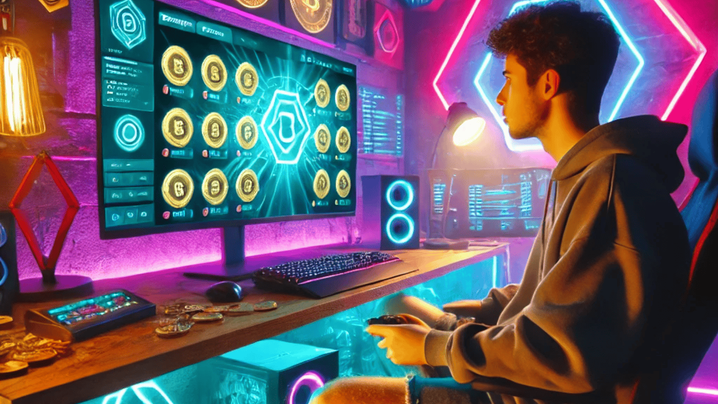 A person immersed in playing a Play-to-Earn (P2E) game in a vibrant, futuristic setup. 