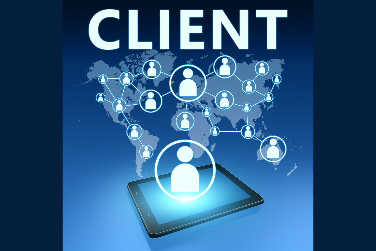 Icons of people are displayed in front of a world map, symbolizing a network of international clients.