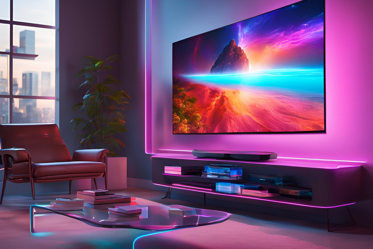 Futuristic and high-tech tv displayed in living room.